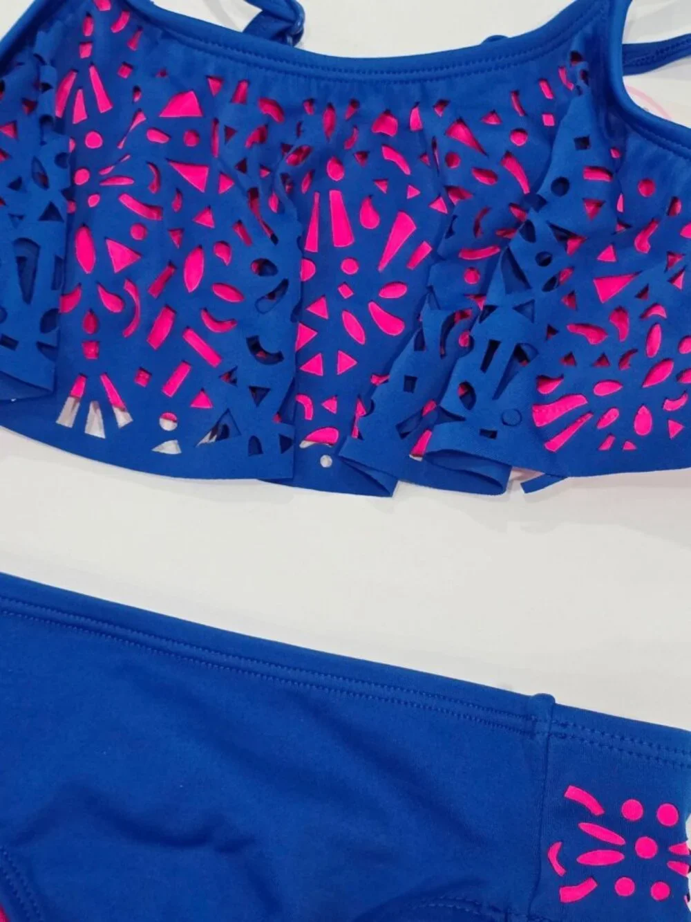 Justice ✦ Girls Bikini Set ✦ Blue Pink Laser-Cut Ruffle UPF 50+ Size 7